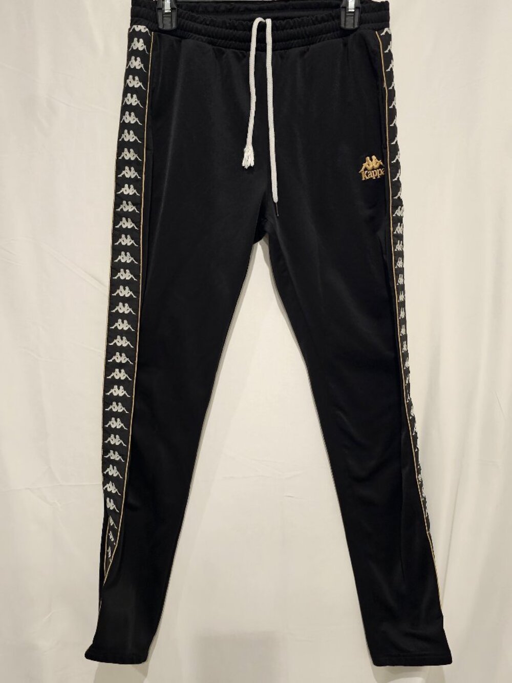 Kappa Men 222 Banda Restoria Slim Track Pants Black Gold Stripe Joggers Size M